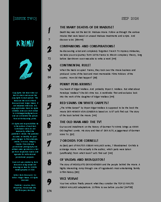 Printed contents page of KRIMI! number 2
